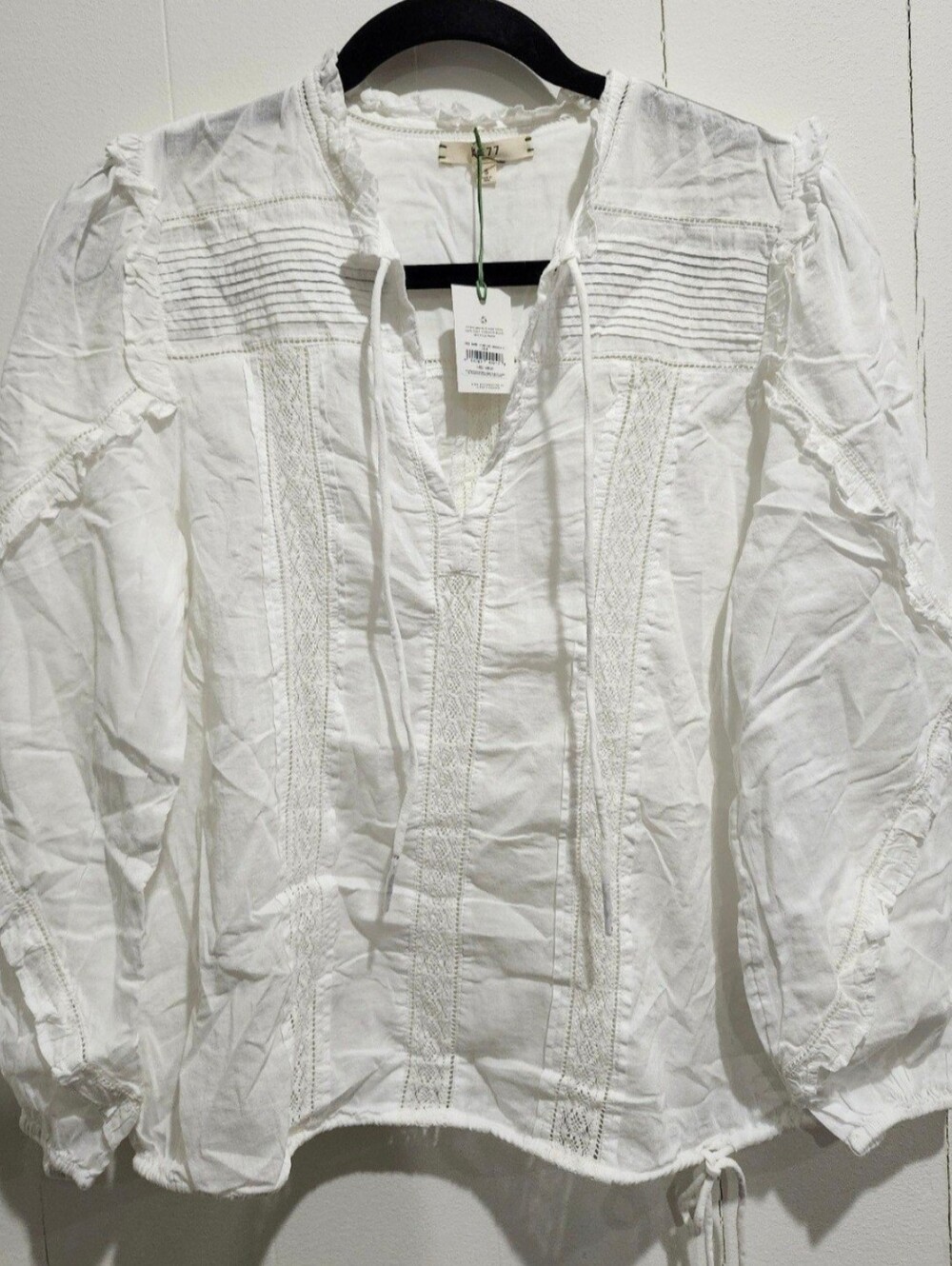 AE77 Premium Boho Lace-Trim White Peasant Blouse
